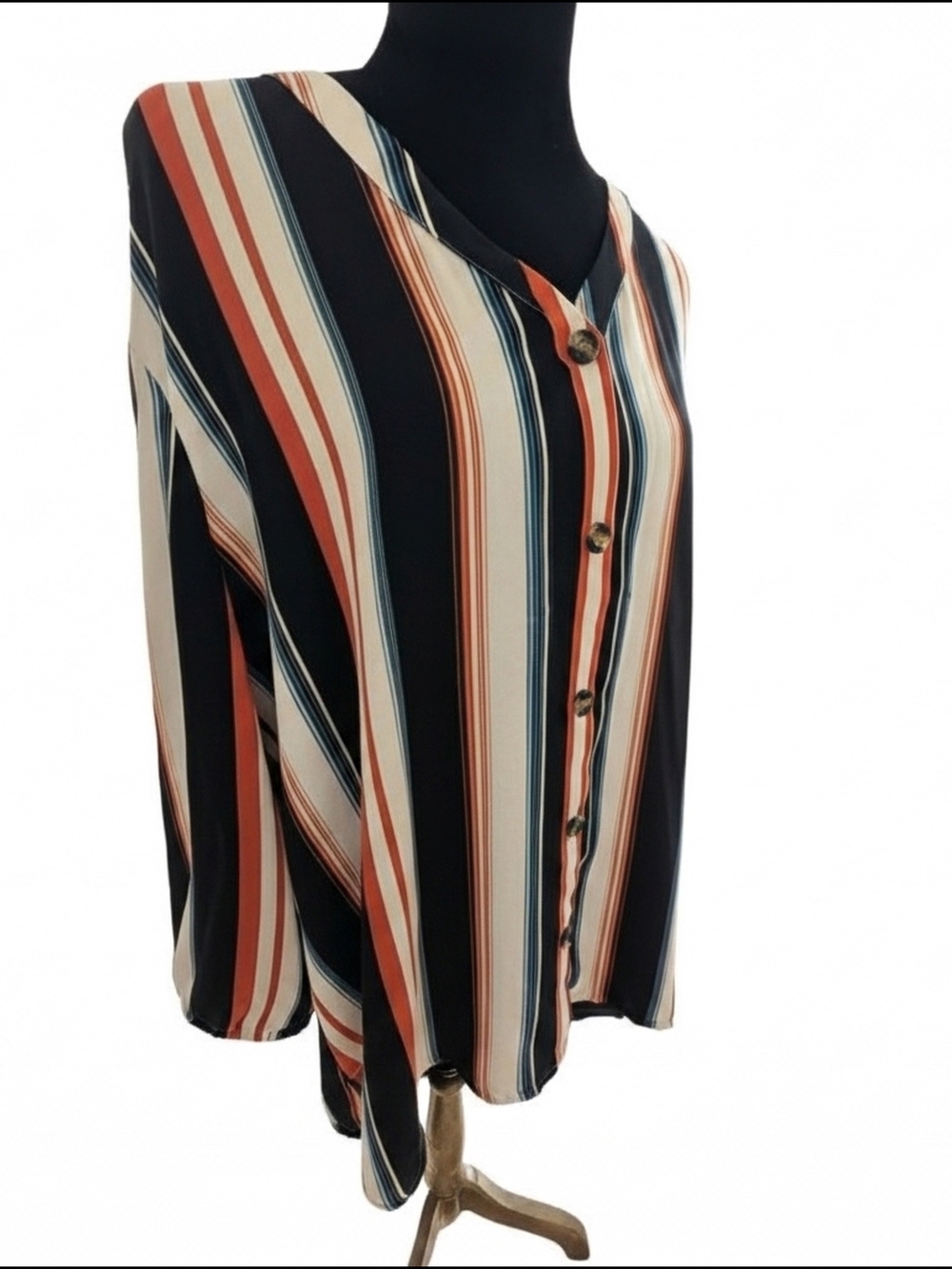 Maurices Striped Button-Front Blouse in Black, Cream, Rust and Blue Sz XXL (A78)